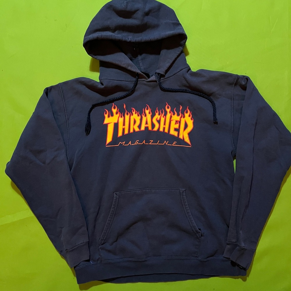 Distressed Thrasher Magazine Flame Logo Hoodie Faded Navy Skate Sweatshirt Small